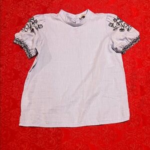 LOFT Petite Small Light Blue Embroidered Puff Sleeve Cotton Blouse Floral Top